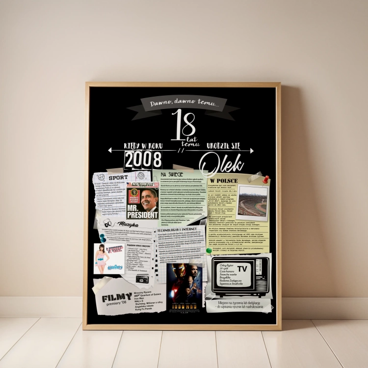 Plakat urodzinowy na 18-te urodziny - rocznik 2008 - prezent na 18 urodziny